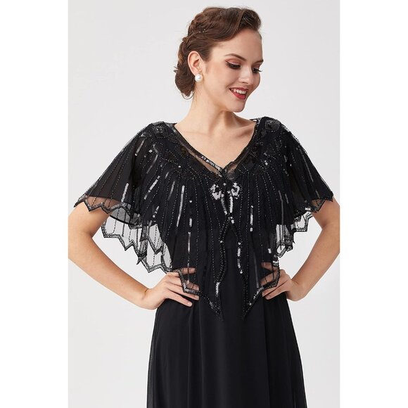🆕 Women Black Sequin Beaded Evening Cape Zig Zag Themed Party Dress Shawl Wraps - Picture 2 of 6